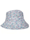 Cute Daisy floral bucket hat with pink, white and blue flowers  on a light blue background. 