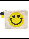 Happy face beaded coin purse with pom pom zipper.