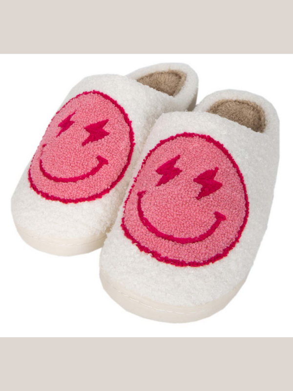 Smiley face lightning bolt slippers.