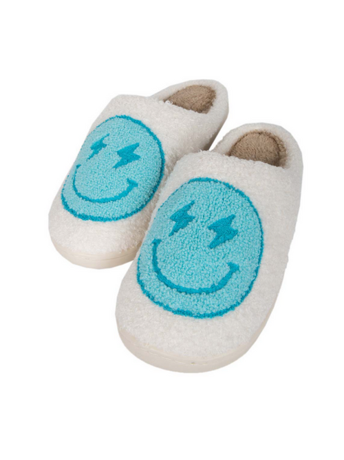 Smiley face lightning bolt slippers.