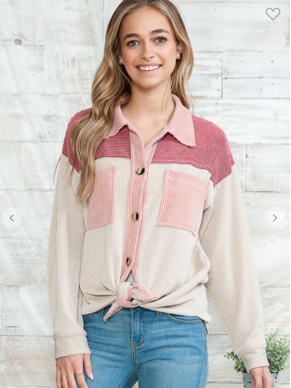 Perfect color block shacket in mauve, cream and pink.