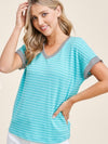 Vibrant aqua color shirt with white stripes , featuring black and white stripes around the neck and sleeves. 