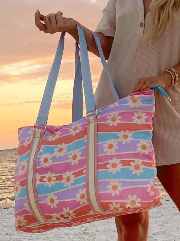 Daisy Stripe Beach Tote Bag